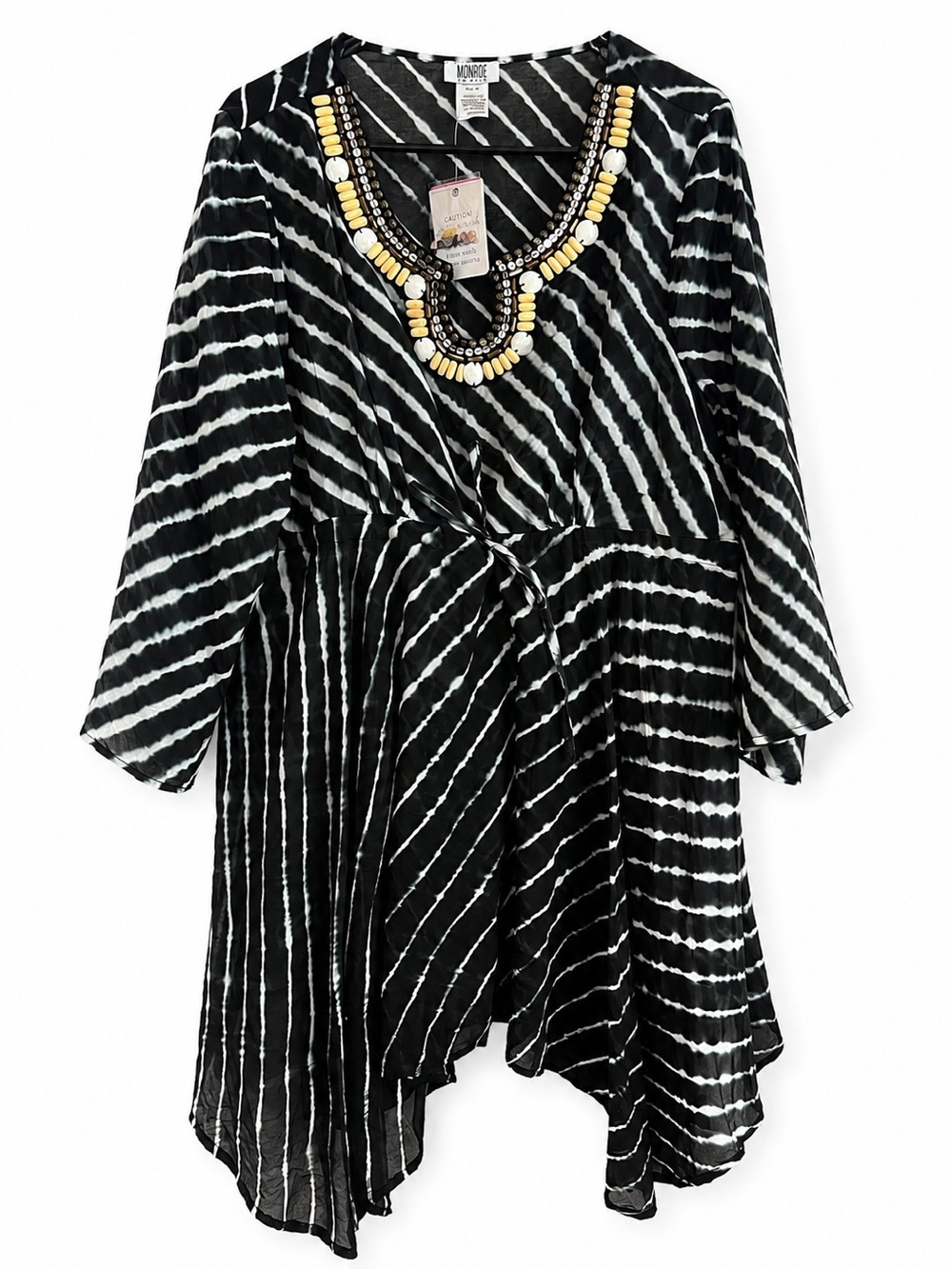 Monroe & Main XL Black White Tie Dye Beaded Cotton Tunic Dress Boho